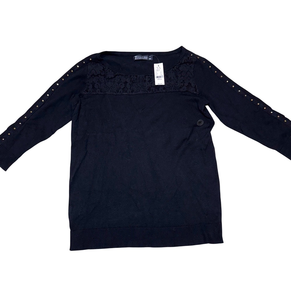 NWT New York & Company 7th Avenue Black Lace Studded 3/4 Sleeve Knit Top Medium